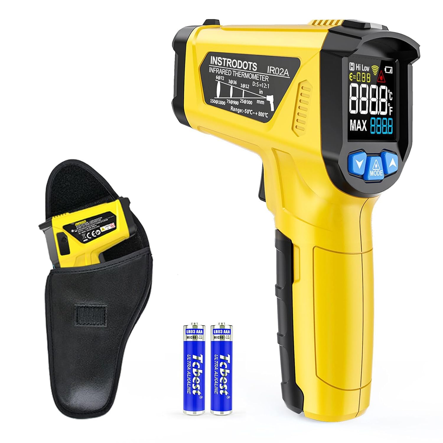INSTRODOTS IR02A Infrared Thermometer Gun: Adjustable Emissivity, -58°F to 1472°F, 12:1 Laser for Cooking, HVAC, BBQ, Pizza Ovens