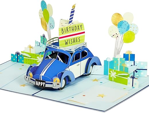 Birthday Pop Up Card, Blue Car, Beetle Bug, Cake, Candle, Presents, Balloons, 3D Greeting Card, Ideal Gift for Son, Daughter, Boy, Girl, Grandson,…