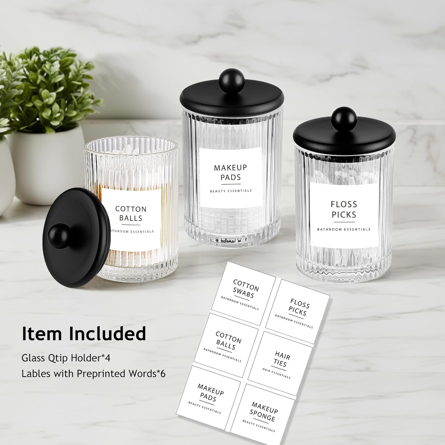 SheeChung Black Ribbed Glass Qtip Holder, Countertop Vanity Canisters & 6 Pack Mason Jar Bathroom Accessories Set, Soap Dispenser and Toothbrush Holder Set, Soap Dish, Metal Basket, Farmhouse Decor