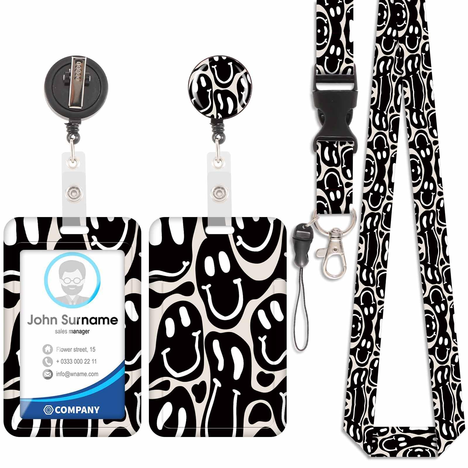Badge Holder with Lanyard, ID Badge Holders with Detachable Cute Lanyard, Retractable Badge Reel Carabiner Clip, Personalized Card Cover Case Protector for Nurse Teacher Student (Smiley-Black-1)