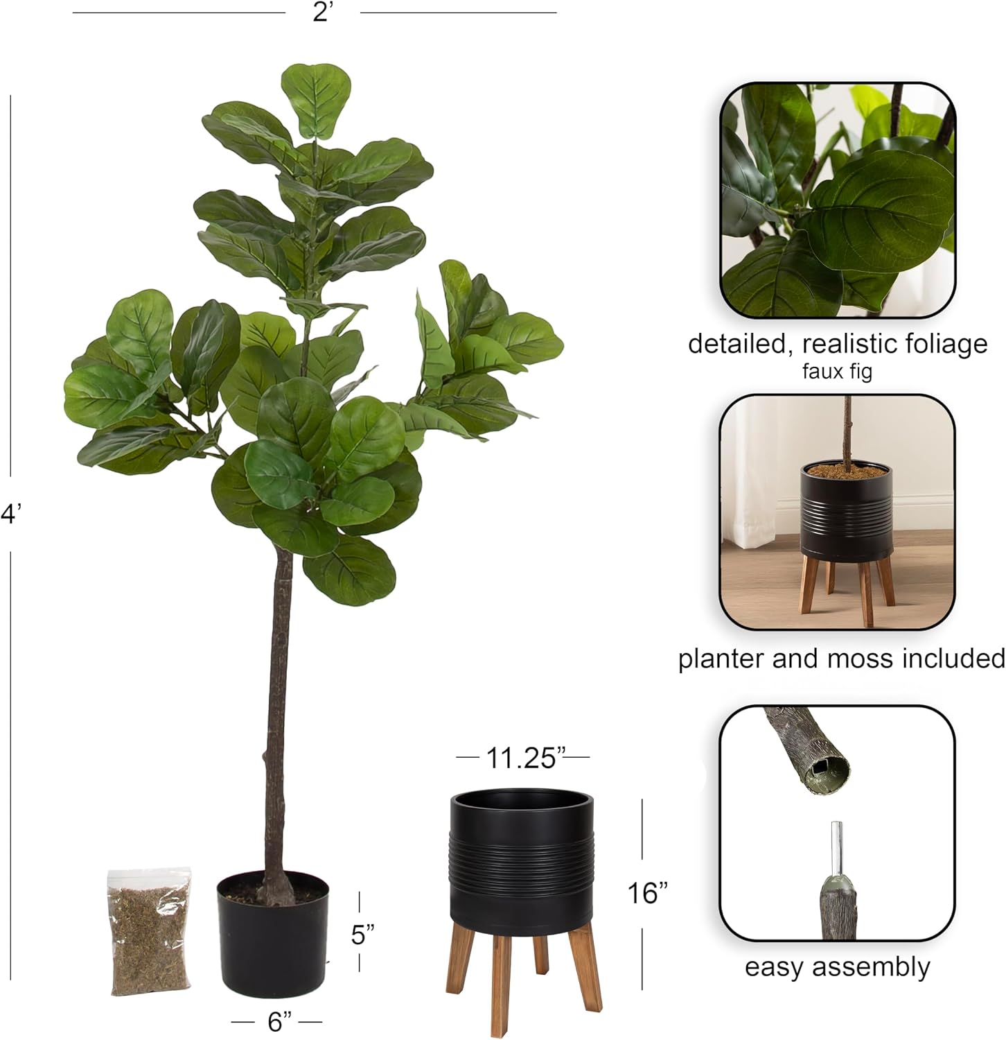 Kate and Laurel Fidmont Faux Fiddle Fig Tree with Gavri Metal Planter Pot, 4.5 FT, Black and Rustic Brown, Potted Artificial Tree Indoor with Realistic Foliage and Added Moss, Living Room Fake Plant