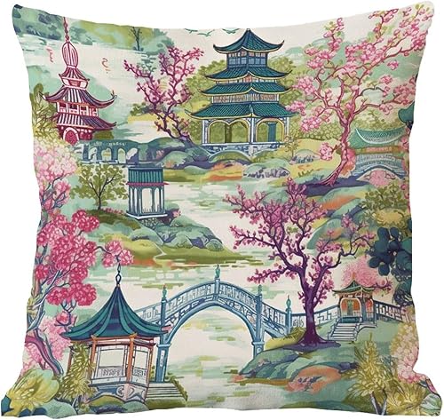 Miniatura 6 de Funda de almohada europea de pagoda chinoiserie, funda de almohada inspirada en Asia, funda de cojín blanca, azul, coral, 18 x 18 pulgadas, funda de
