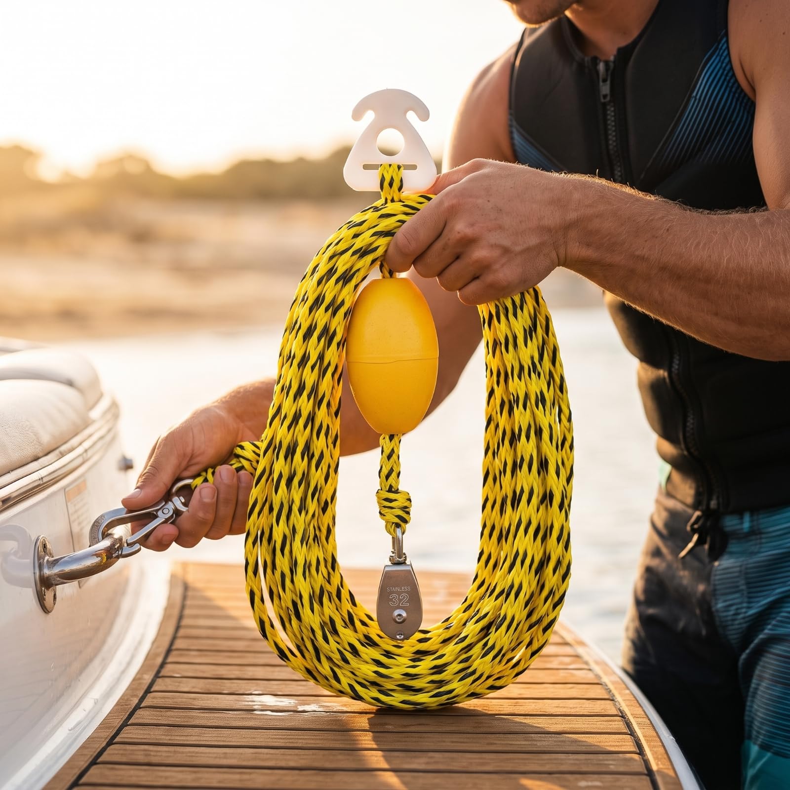 Arnés Remolque con Gancho y Polea Giratoria Elástica Arnés Remolcador Náutico Flotante Cuerda Remolque con Polea para
