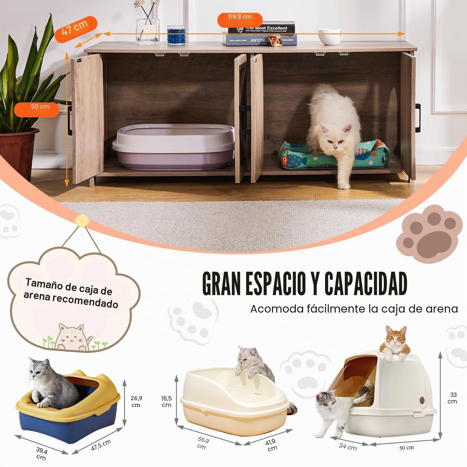 VEVOR Arenero para Gatos, 1200 x 450 x 500 mm, con 4 Puertas 2 Entradas, Mueble de Interior, Caseta de Madera, Compatible con la Mayoría de Areneros, Verde, Carga Superior 60 kg e Inferior 45 kg