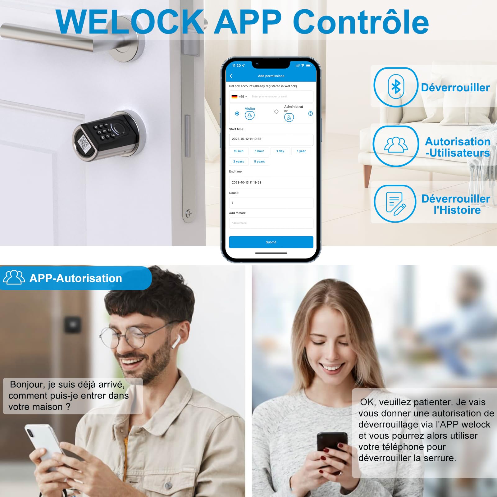 WELOCK ToucA51 Serrure Connectée serrure Empreinte Digitale avec Password,Carte RFID,APP et WiFi,Cylindre Connecté 30×30 pour portes de 30-70mm,Smart Lock IP65,Serrure a Code Installation Facile