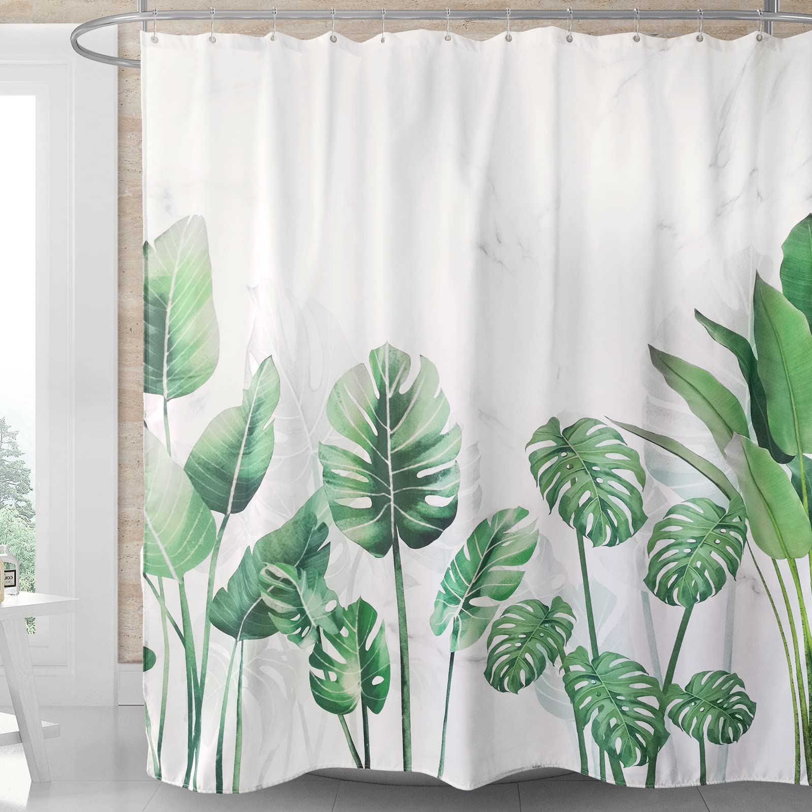 Shower Curtain Set for Bathroom and Stall Green Tropical Plant Leaves on Marbled Background Lined with 12 Stainless Steel Hooks Machine Washable and Waterproof 72 x 72 inches (W 72" x L 72")