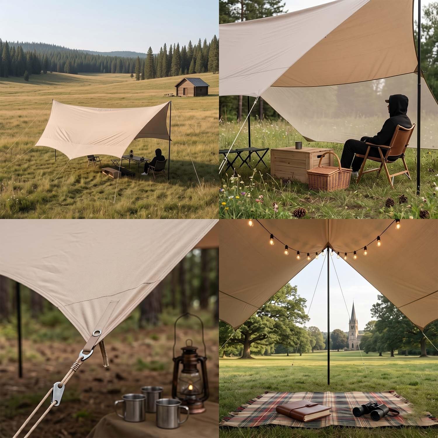 Tende Parasole Mare, Tarp Esterno Impermeabile, 4.4x4.5/4.4x5.6m Telo Campeggio Portatile Antipioggia Per Trekking E Protezione Solare Con 2 Pali(Gold,560x440cm)