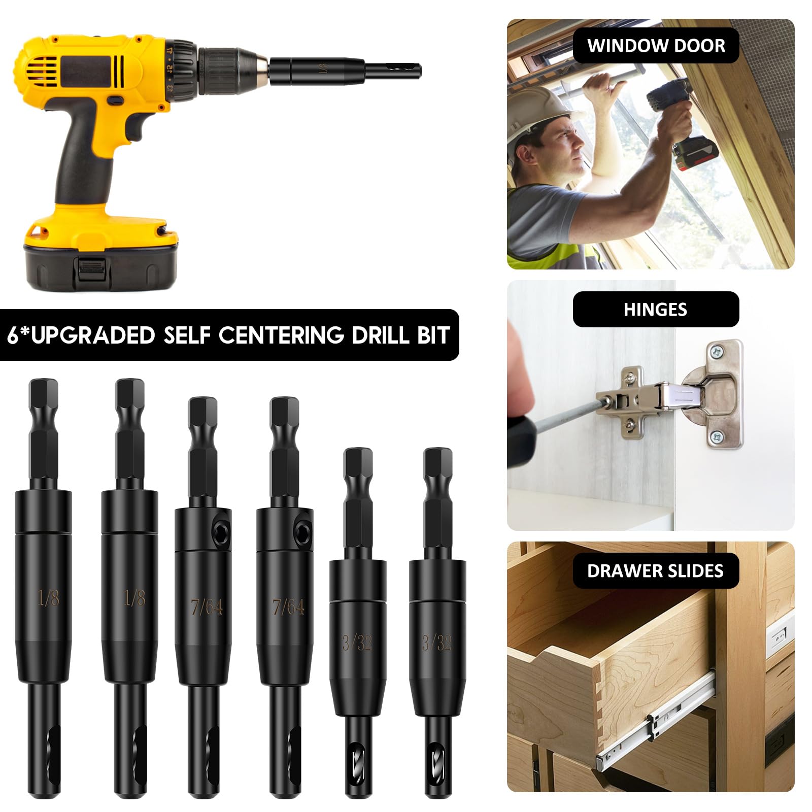 6-teiliges selbstzentrierendes Bohrer-Set, 3/32 Zoll, 7/64 Zoll, 1/8 Zoll – Zentrierbohrer-Set VIX Bit für 1/4-Zoll-Sechskantschaftbohrer, Mehrzweck-Scharnierbohrer-Set für Holzbearbeitung, Fenster