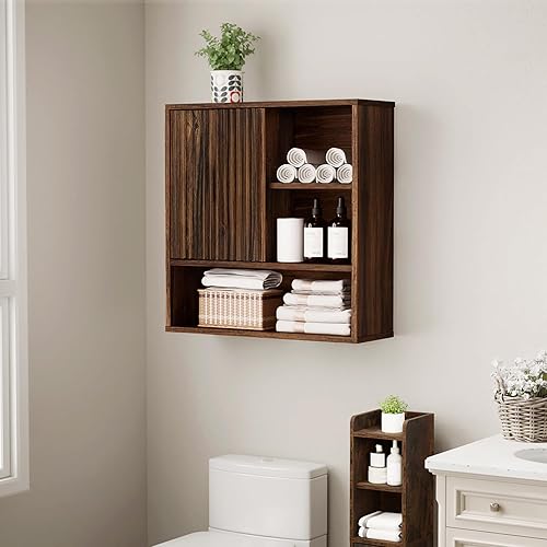 Vista 7 de Armario de Pared de Baño Estilo Granja Acanalado, Botiquín Sobre el Inodoro Armario de Almacenamiento con Estante Ajustable, Organizador de Armario