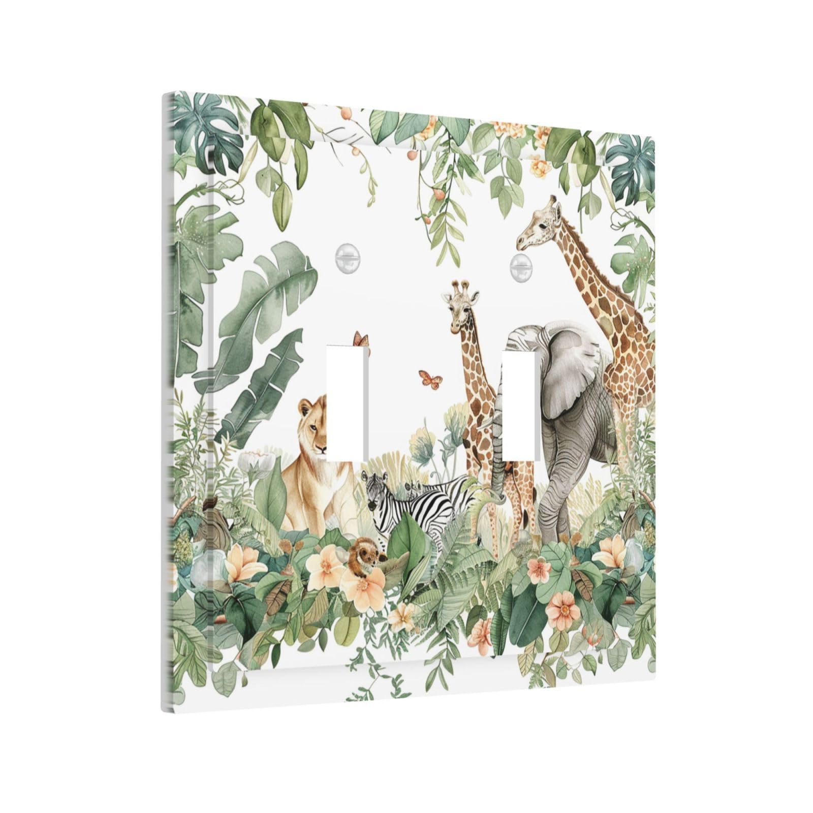 Ihsourgnitnem Decorative Switch Plates Tropical Leves And Safari Animals 2 Gang Double Toggle Outlet Light Switch Cover Wall Plate Electrical Faceplate For Nursery Kids Room Decor