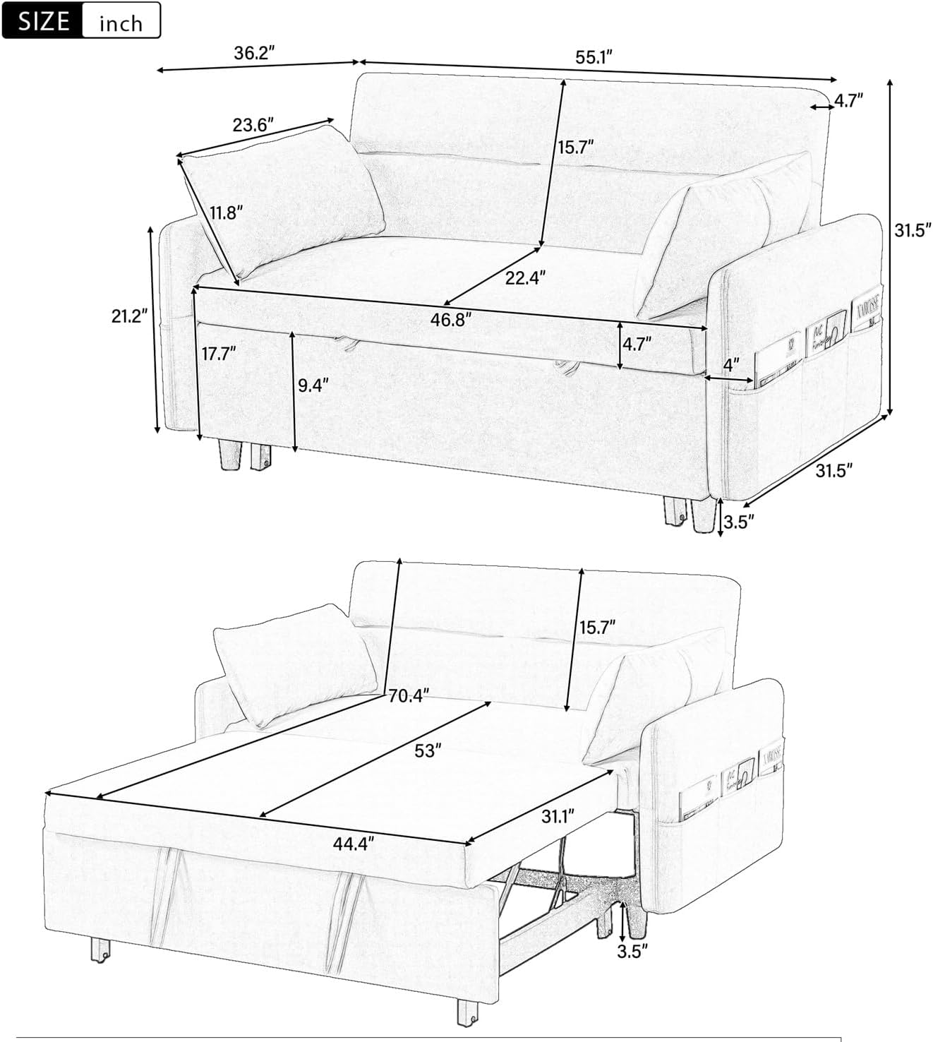 Merax 55.1" W Convertible Sofa Bed with Adjustable Backrest,2 Pillows,USB Ports and 6 Storage Side Pockets,Pull-Out Sleeper Sofabed Microfiber Loveseat Couch for Living Room, Bedroom, Apartment,Beige