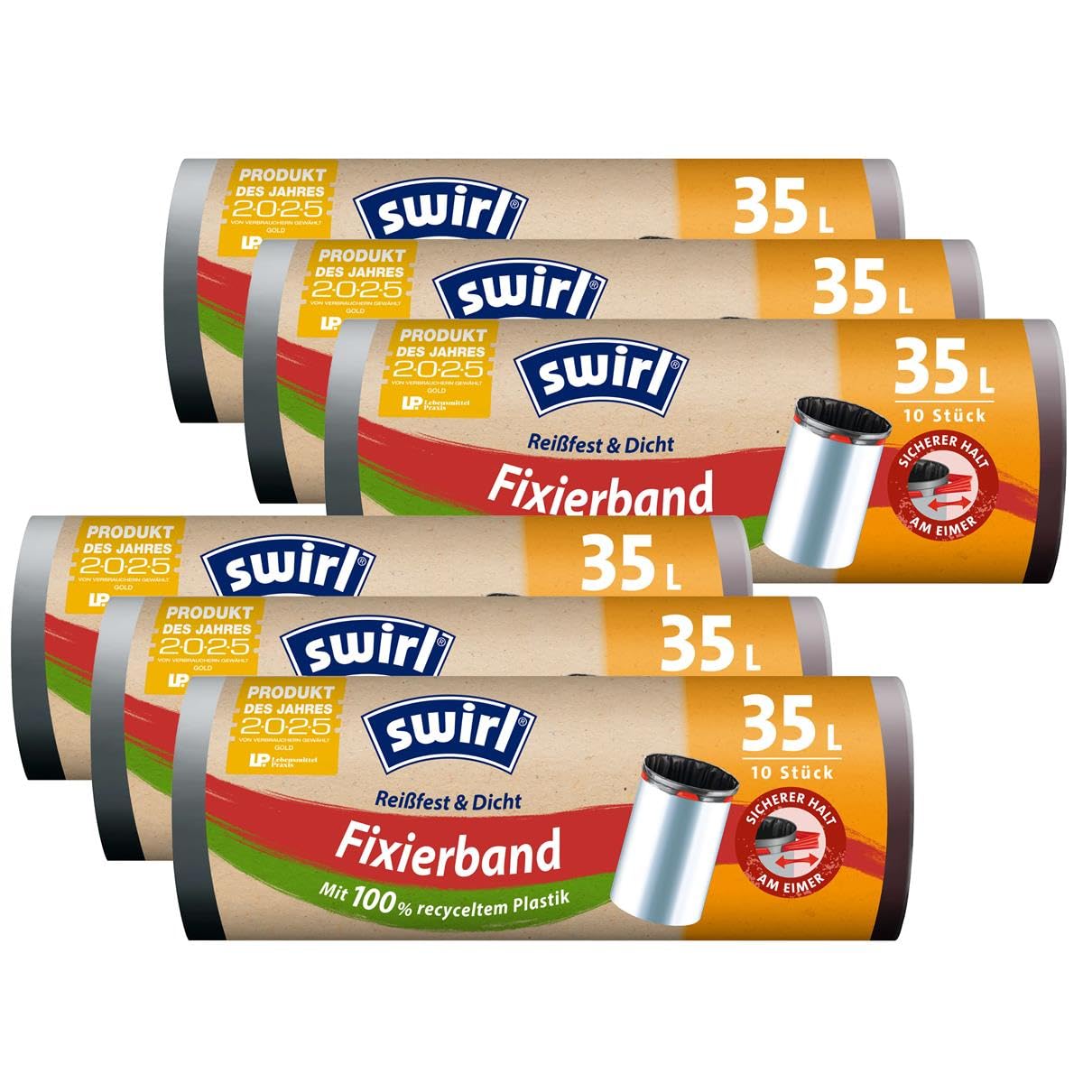 6x Swirl Fixierband Müllbeutel 35L ( 10 stk./Rolle )