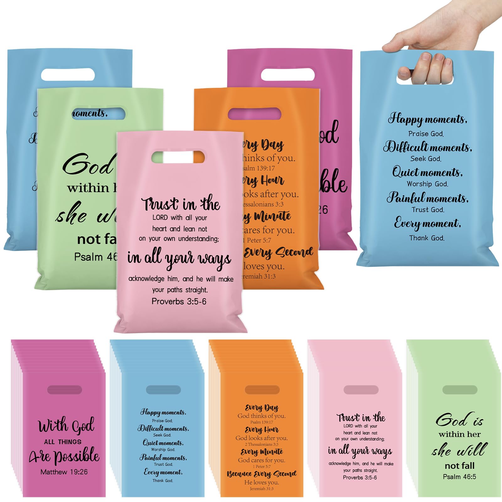 Yinder 200 Pcs Christian Gift Bags Bulk Plastic Goody with Handles Bible Verse Church Bags Candy Religious Gift for Mother's Day Church Party Supplies