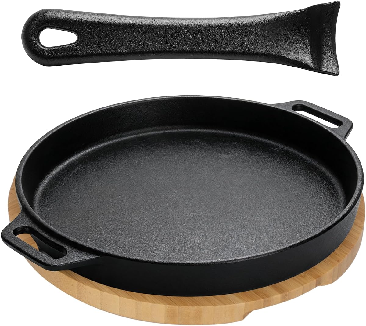 10" Round Cast Iron Skillet Set for Pizza, BBQ, Stovetop & Outdoor Use | Pizza Pan with Removable Handle & Wooden Base for Pizza Oven,BBQ,Outdoor&Stovetop Cooking,heat retention,food safe,tool-free