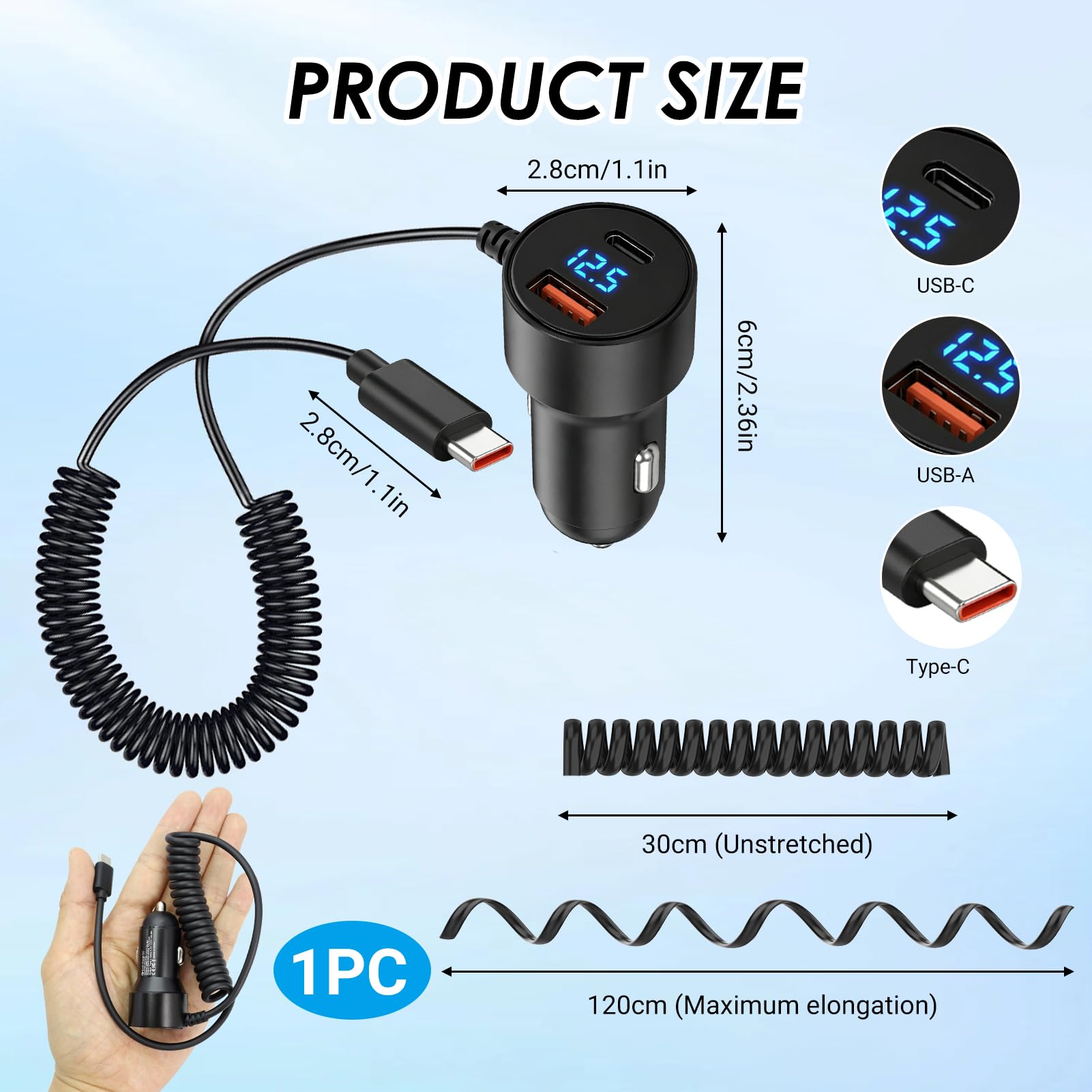 Caricatore per auto ricarica rapida 100 W con cavo USB C a spirale 1,5 m integrato, caricatore accendisigari auto con USB C PD e USB A QC3 0, caricatore auto USB C universale 12 V 24 V