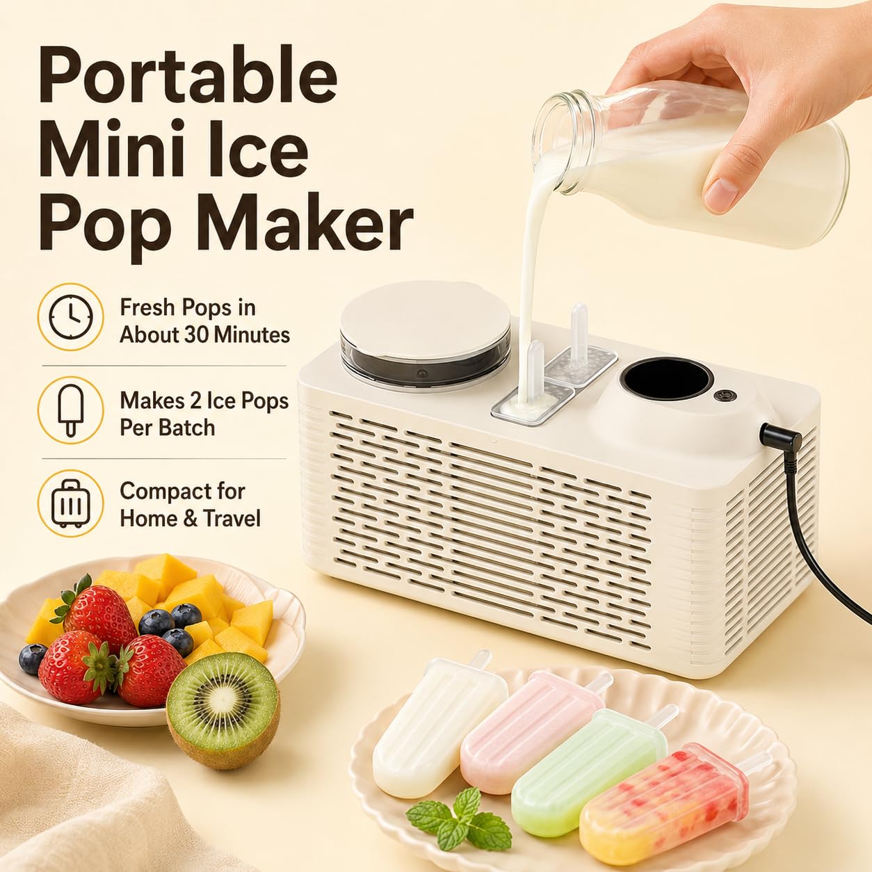 Mini Ice Pop Maker Machine - 12V Compatible, Homemade Popsicle Maker for Home, Office, Camping, RV & Travel - Easy to Use Ice Treats