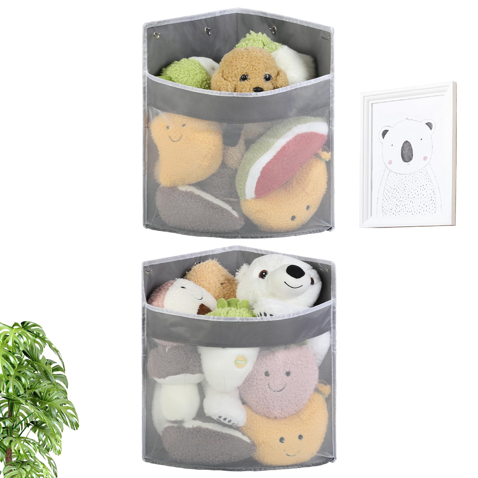 Stuffed Animal Storage, 2 Pack Stuffed Animal Hammock Corner Toy Organizer, Wall Mount Large Net Basket for Teddy Plush, Hanging Kids Plush Toys Holder for Nursery Play Room Bedroom Decor, Grey
