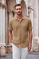 Vista 86 de COOFANDY Camisa casual con botones para hombre, manga corta, sin arrugas, camisa de verano
