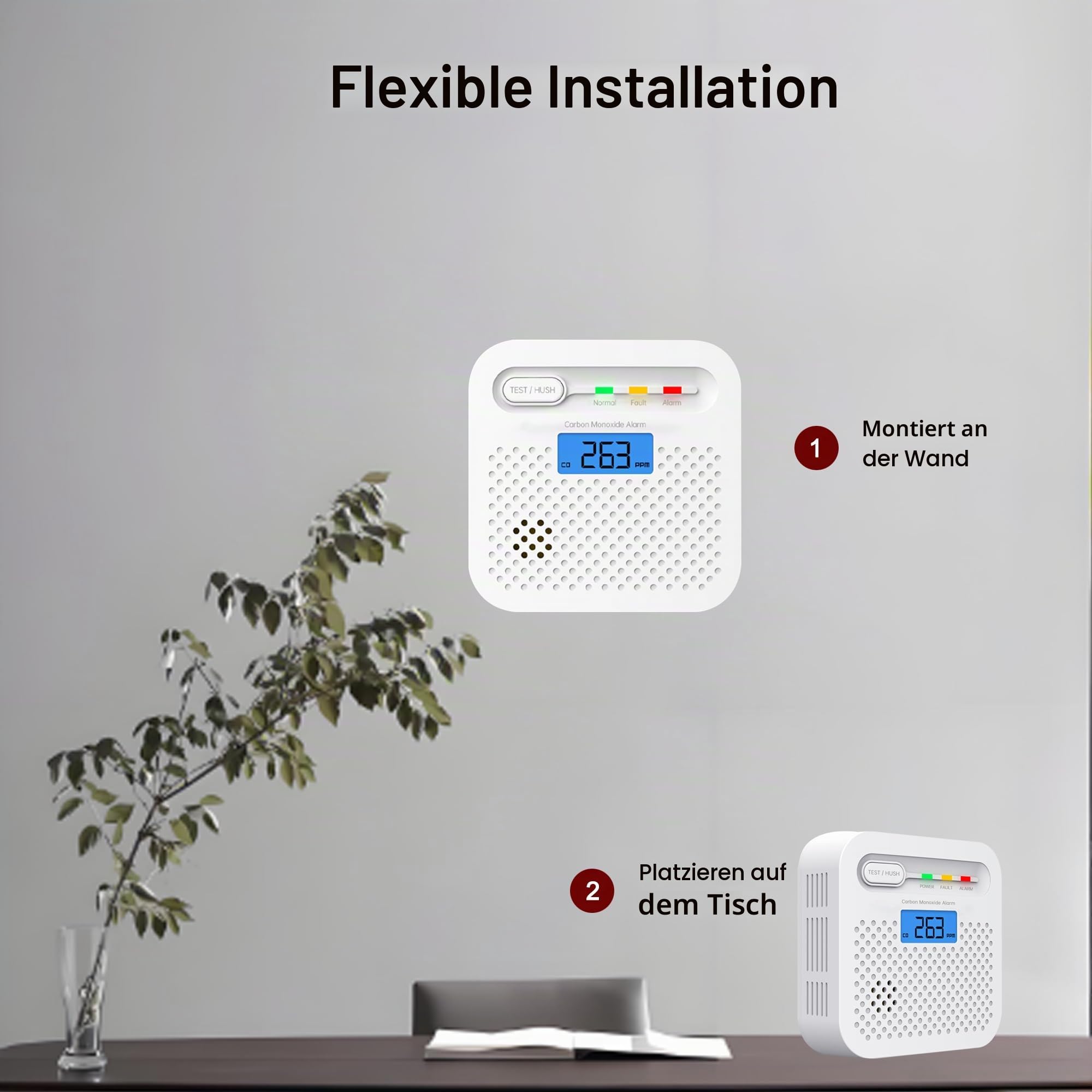 Smart-Kohlenmonoxid-Detektor, WiFi LED Digitalanzeige Kohlenmonoxid-Alarm für zu Hause, APP-Fernüberwachung CO-Alarm-Detektor mit 10 Jahren Batterie, 85 dB Alarm, kompatibel mit Alexa. 2PCS