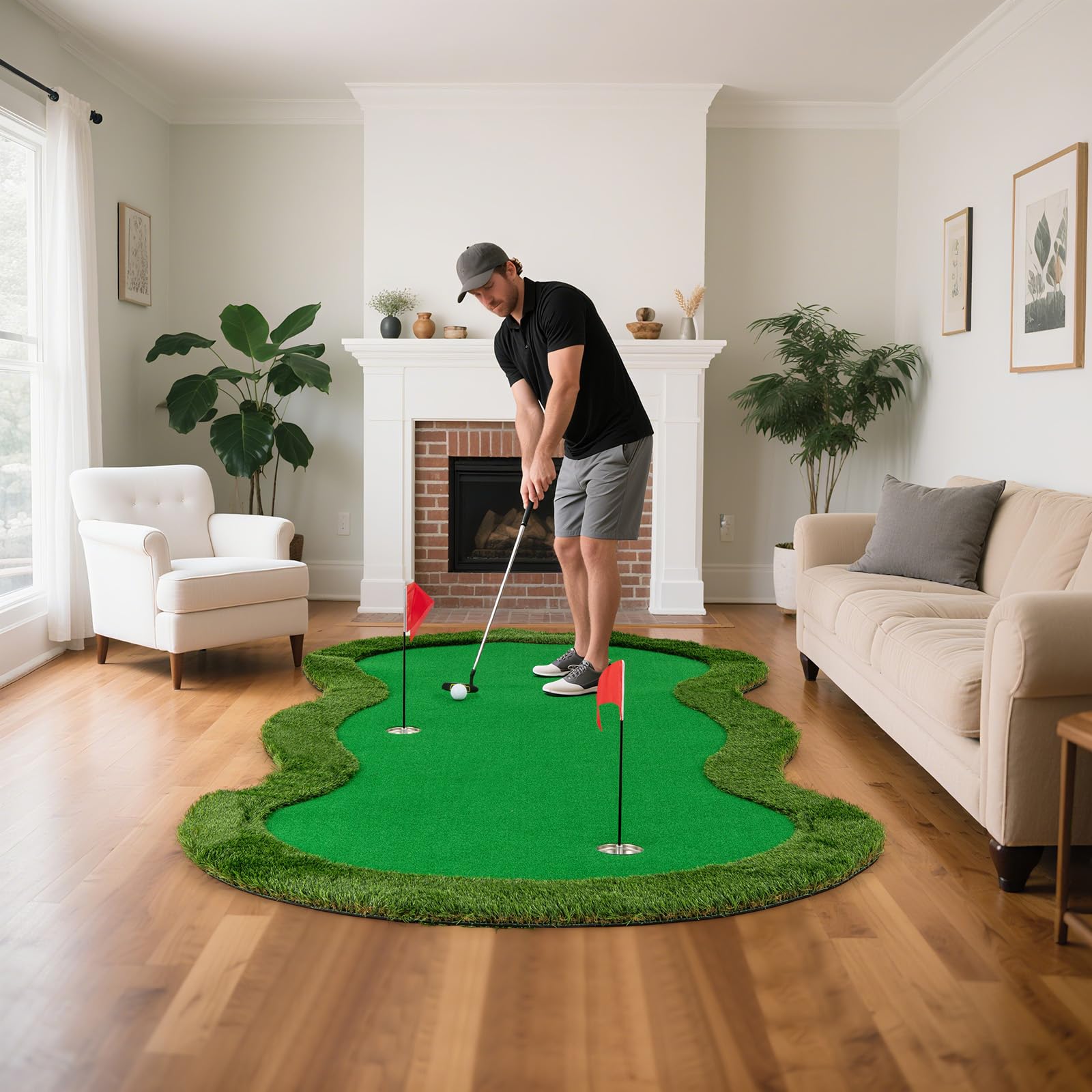 COSTWAY Putting Green, Tappetino da Interno per Putting con 3 Buchi e Palline da Golf, Tappetino da Golf per Casa, Ufficio, Giardino e Patio, 300 cm x 150 cm