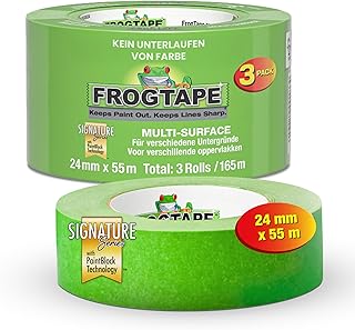 Frog Tape Multi Surface Malerband Grün 24mm x 55m im 3er Pack – Premium Abklebeband für glatte Flächen – Malerkrepp mit PaintBlock Technologie für scharfe Kanten, Profi Tape für Holz & Glas