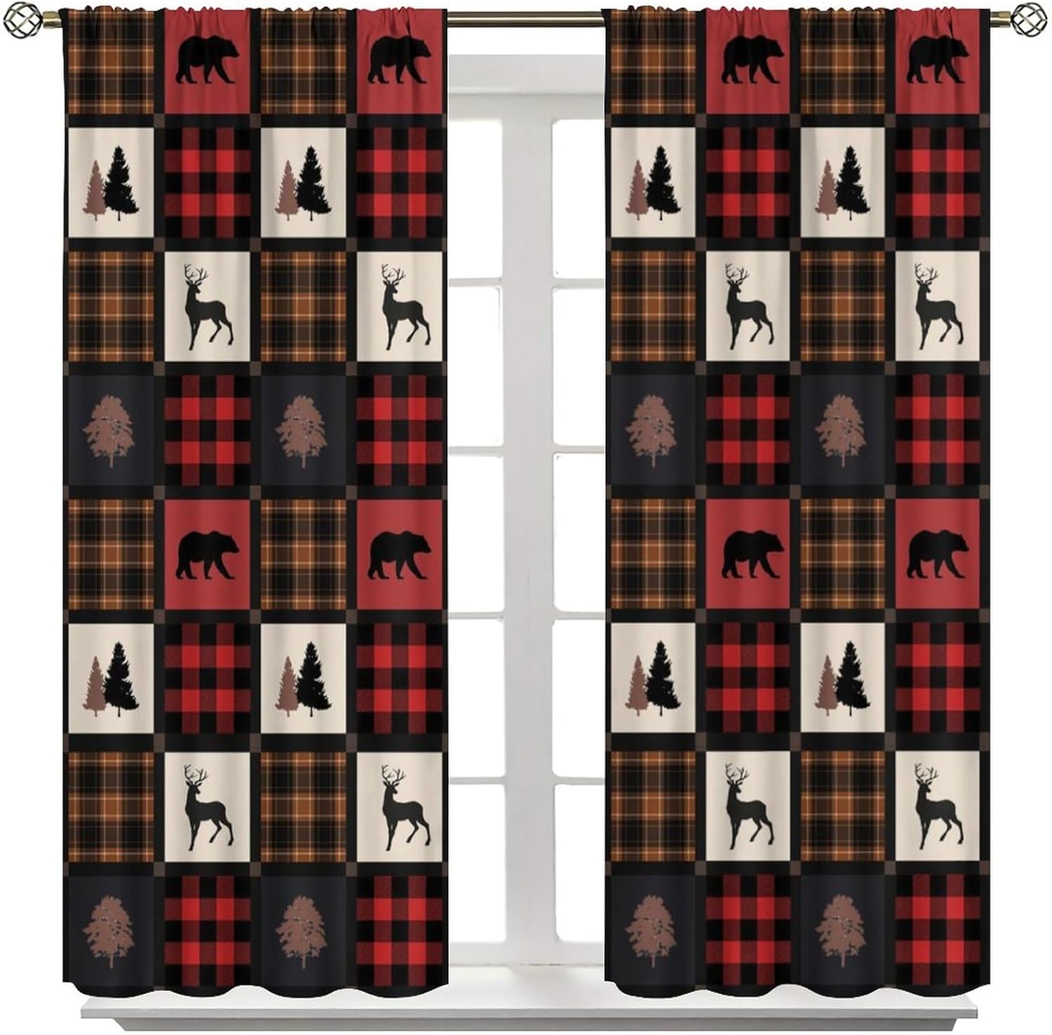 Cabin Retro Curtains Rustic Lodge Window Treatments, Bear Deer Moose Wild Animals Curtains for Living Room, Plaid Check Adventure Farmhouse Drapes 2 Panel Sets,52x84 Inch