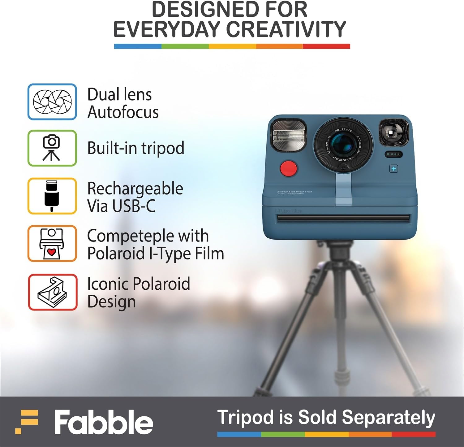 Polaroid Now+ Blue-Gray Instant Camera Bundle with Color i-Type Film and Microfiber Cleaning Cloth – Bluetooth Creative Modes, Filters, Dual Autofocus