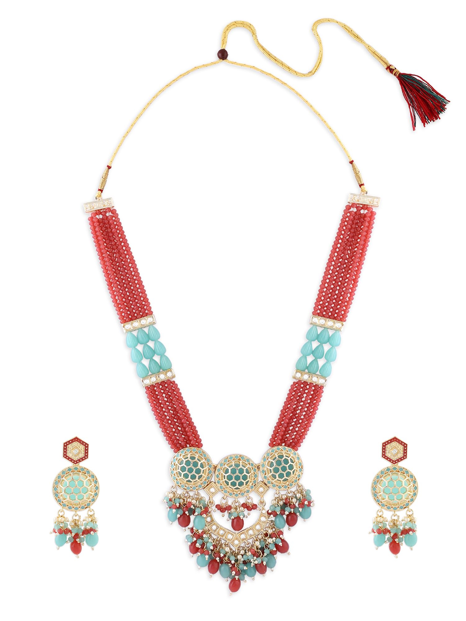 ZAVERI PEARLS Sky Blue & Pink Multistrand Beaded Kundan Bridal Long Necklace & Earring Set For Women-ZPFK17590 (B0CWNT5GJB) Amazon Price History, Amazon Price Tracker
