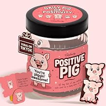 Positive Pig Jar with 60 Affirmation Cards, Pink | Cute pig desk decor, 60 note cards on a wooden stand, bracelet included, gift for women and friends