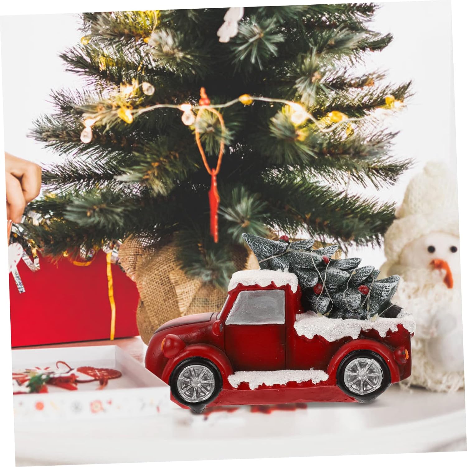 ABOOFAN Xmas Red Truck Decoration with Led Light Resin Christmas Desktop Ornament for Holiday Decor Festive Xmas Car Sculpture for Indoor and Outdoor Christmas Scenes