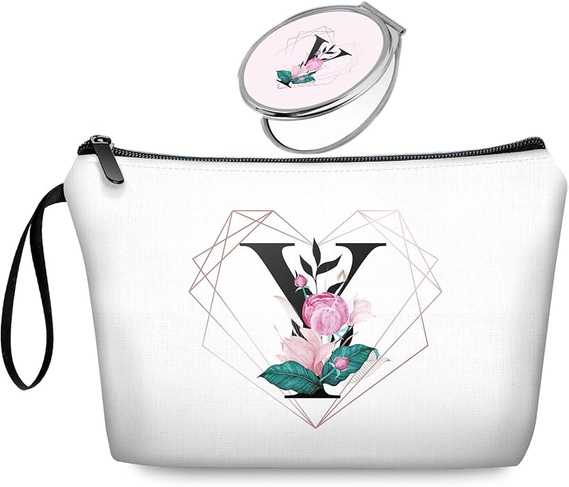 Necessaire de maquiagem JIEXAGEZOS com inicial Y, espelho e estampa floral, conjunto com 2 peças