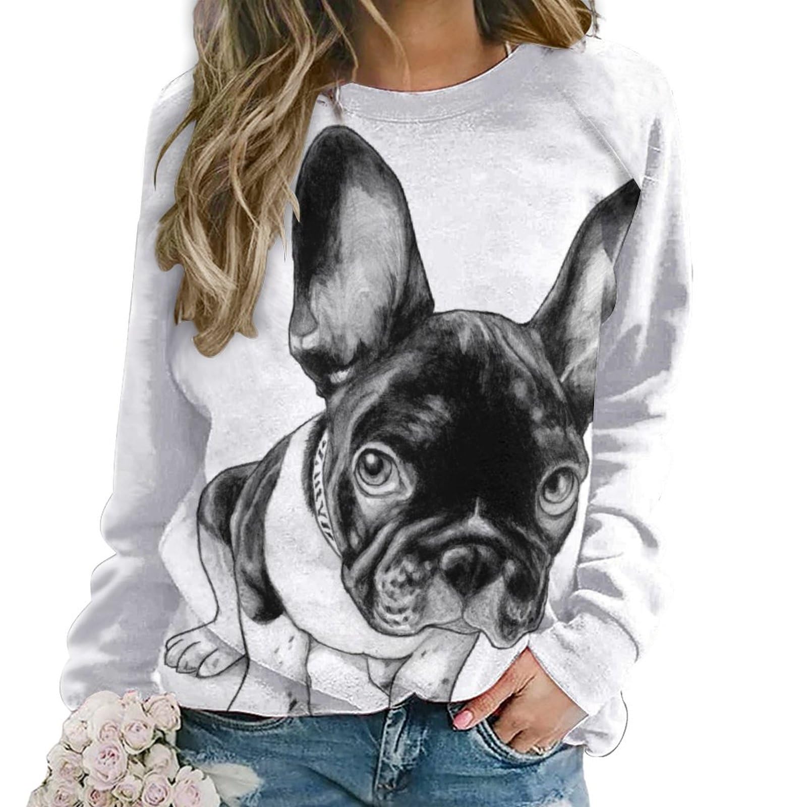 Dgsxynth Casual Ladies Jumper, French Bulldog Sweatshirts for Women, Crewneck Long Sleeve Top