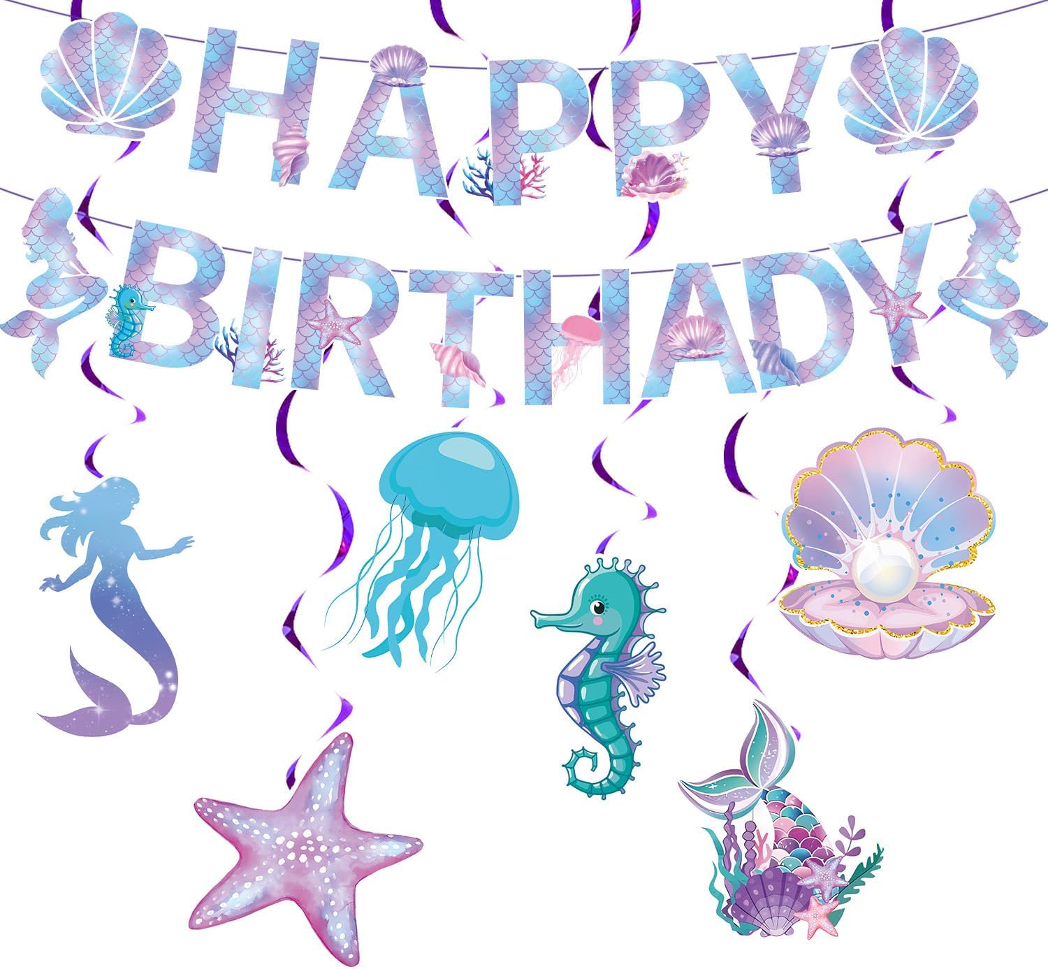 Mermaid Birthday Banner with Hanging Swirls for Girls Birthday
