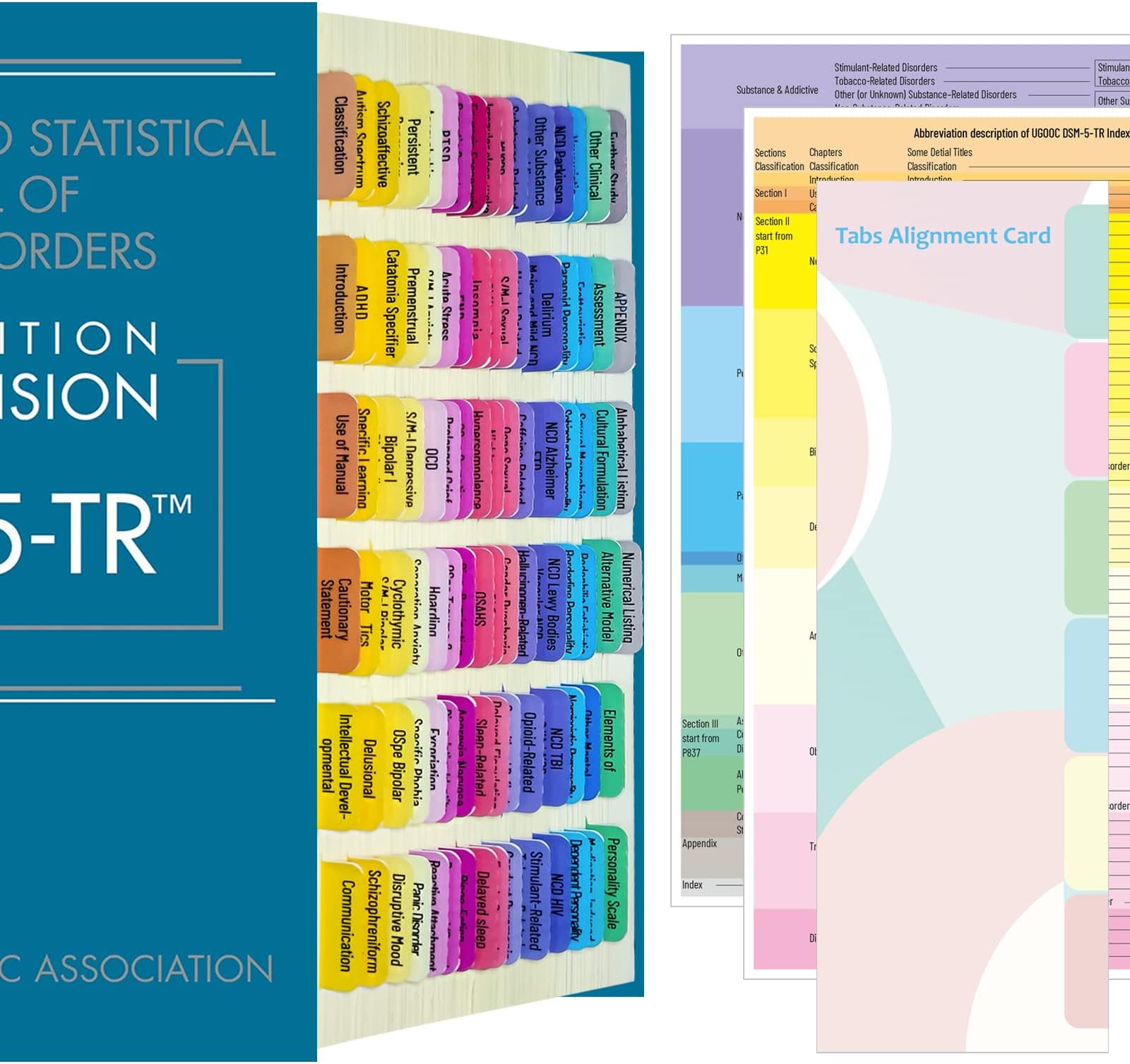 Index Tabs for DSM-5-TR, 94 Printed DSM-V-TR Tabs and 18 Blank Tab Stickers, with Alignment Card and Abbreviation Description Cards for The Diagnostic and Statistical Manual of Mental Disorders.