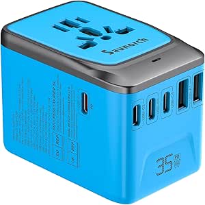 SAUNORCH Universal Travel Adapter, PD 35W 7 in 1 International Power Plug Adapter with 7.0A 4 USB-C and 2 USB-A Fast Wall Charger, Worldwide AC Outlet for US Europe UK AUS Asia - Blue