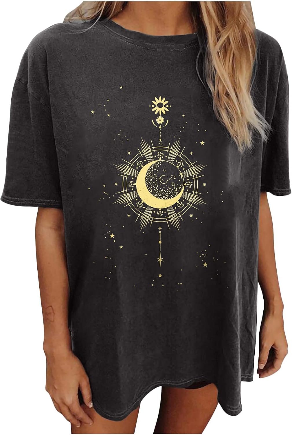 Graphic Tees for Women Vingate Funny Mori Style Skeleton Print Tunic Tops Oversize Drop Shoulder Longline T Shirt