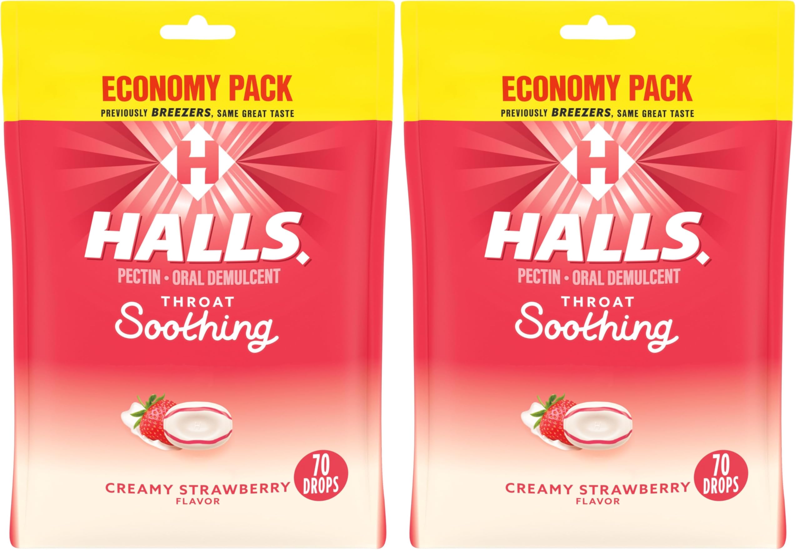 Halls Throat Soothing (Formerly Breezers) Creamy Strawberry Throat Drops, Economy Pack, 70 Drops (Pack of 2)