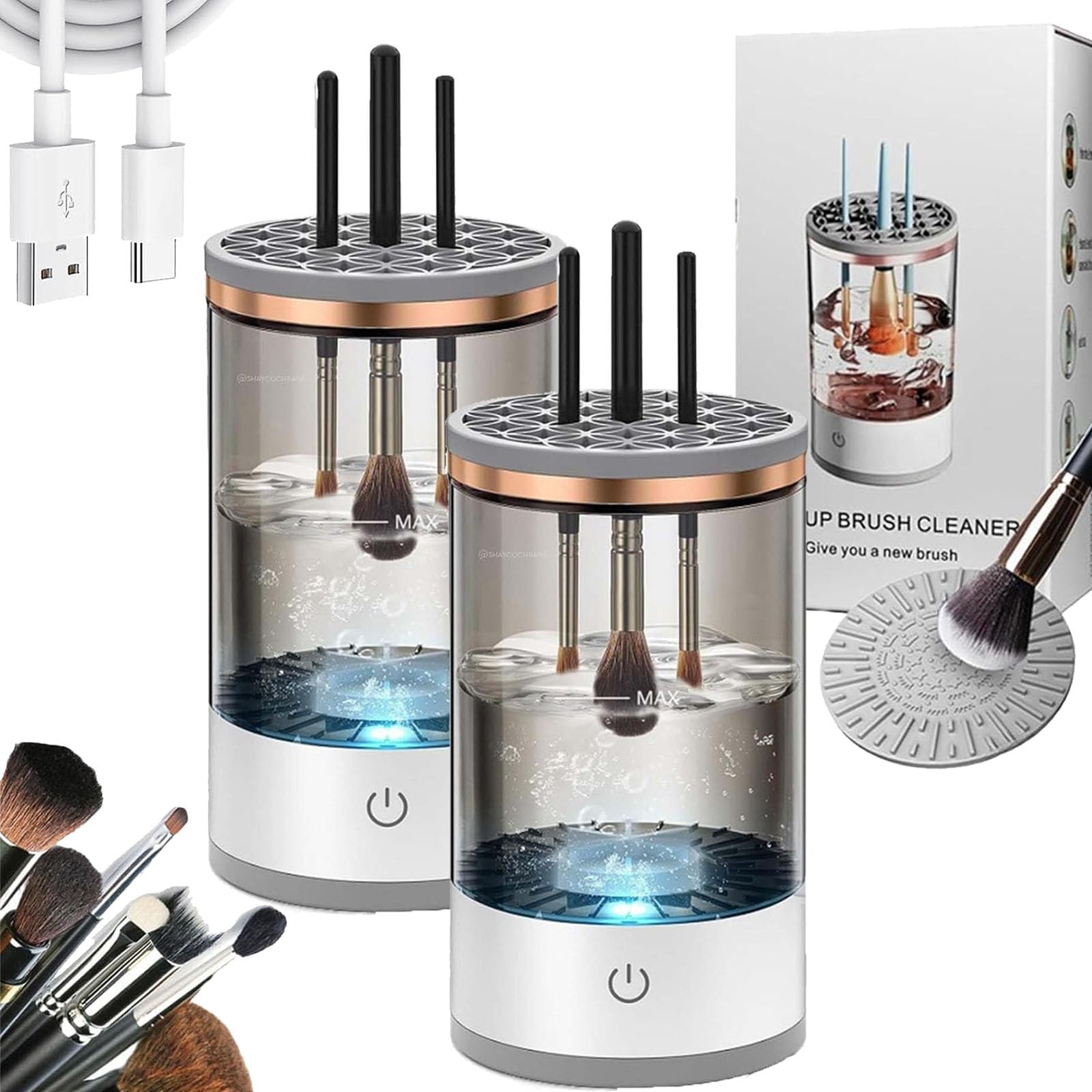 Cozy Luna, The Cozy Luna Brush Cleaner, Automatic Cozy Luna Brush Cleaner, Beauty Swirl Cosmetic Brush Cleaner, Deep Spinning Cleaner, set di pennelli da trucco (2 pezzi, bianco)