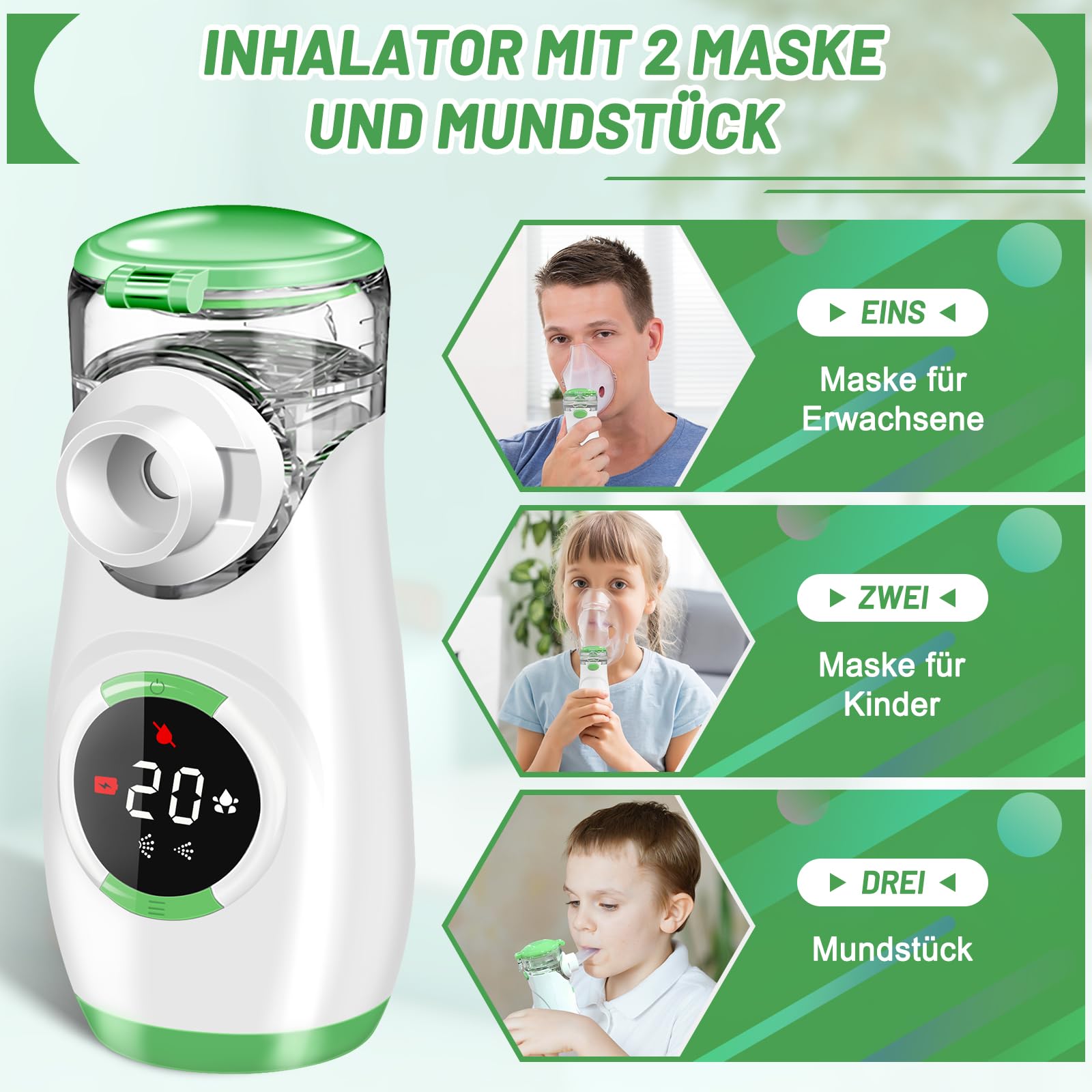 Wholede Inhalationsgerät Digitale, Inhaliergerät für Baby Kinder Erwachsene, 1200mAh Aufladbarer Vernebler Inhalator mit Countdown zur Zerstäubung, Leise Tragbarer Inhalator mit 2 Maske und Mundstück