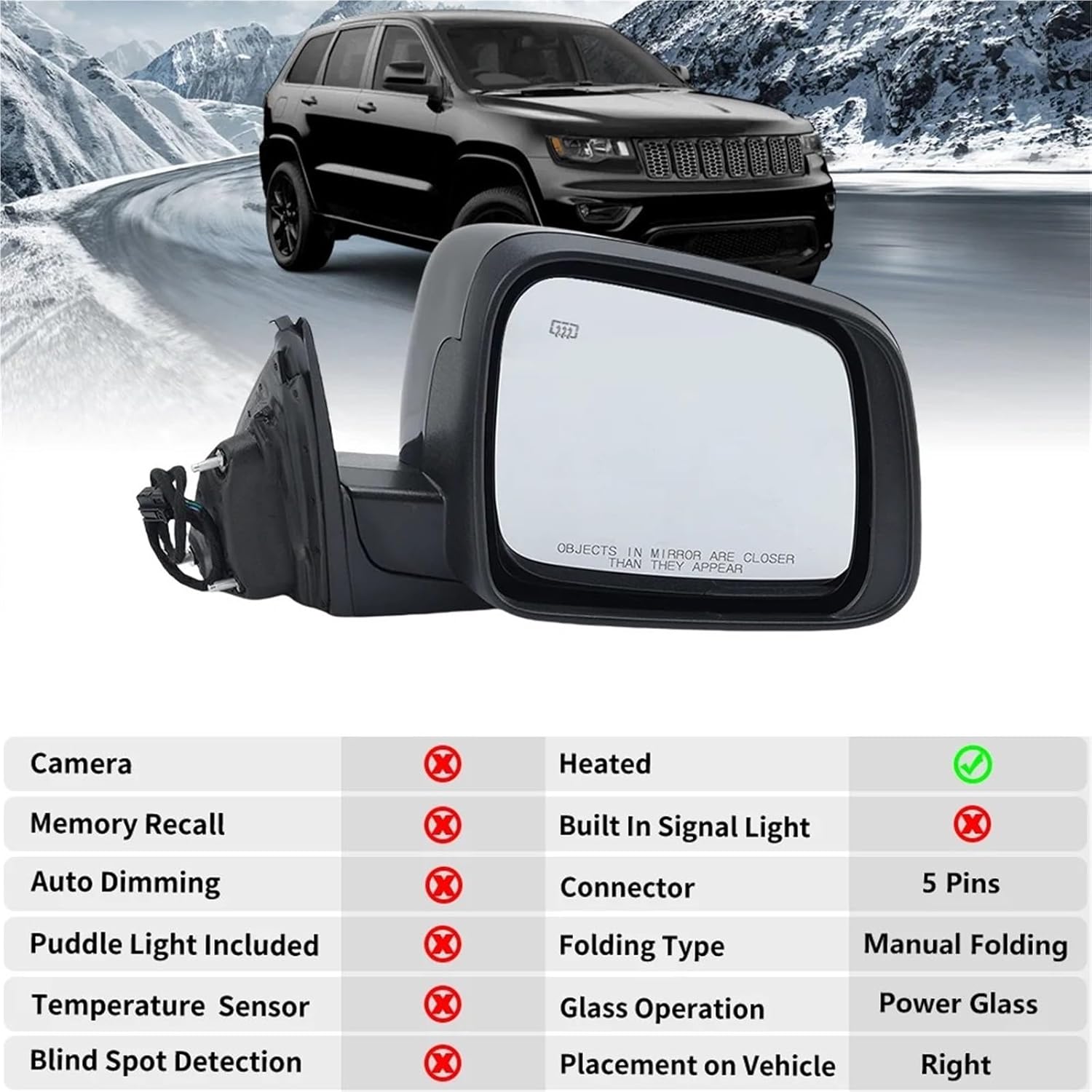 5 Wires Rearview Mirror Assembly Compatible For Jeep for Grand for Cherokee WK 2011-2021 Rough Black Manual Folding Heated Side Mirror Accessories(1pc left) (1pc right)