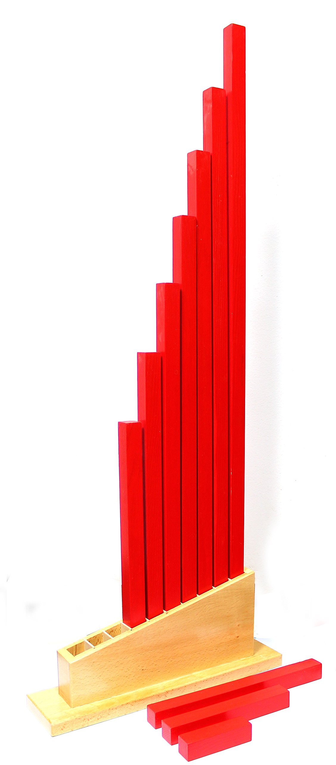 edu fun 91110 Montessori Red Long Rods Holz Stangen rot mit Aufbewahrungsständer pädagögisches Lernspielzeug für Kinder ab 3 Jahren 10 längliche Holzstangen von 10 cm - 100 cm Holzspielzeug