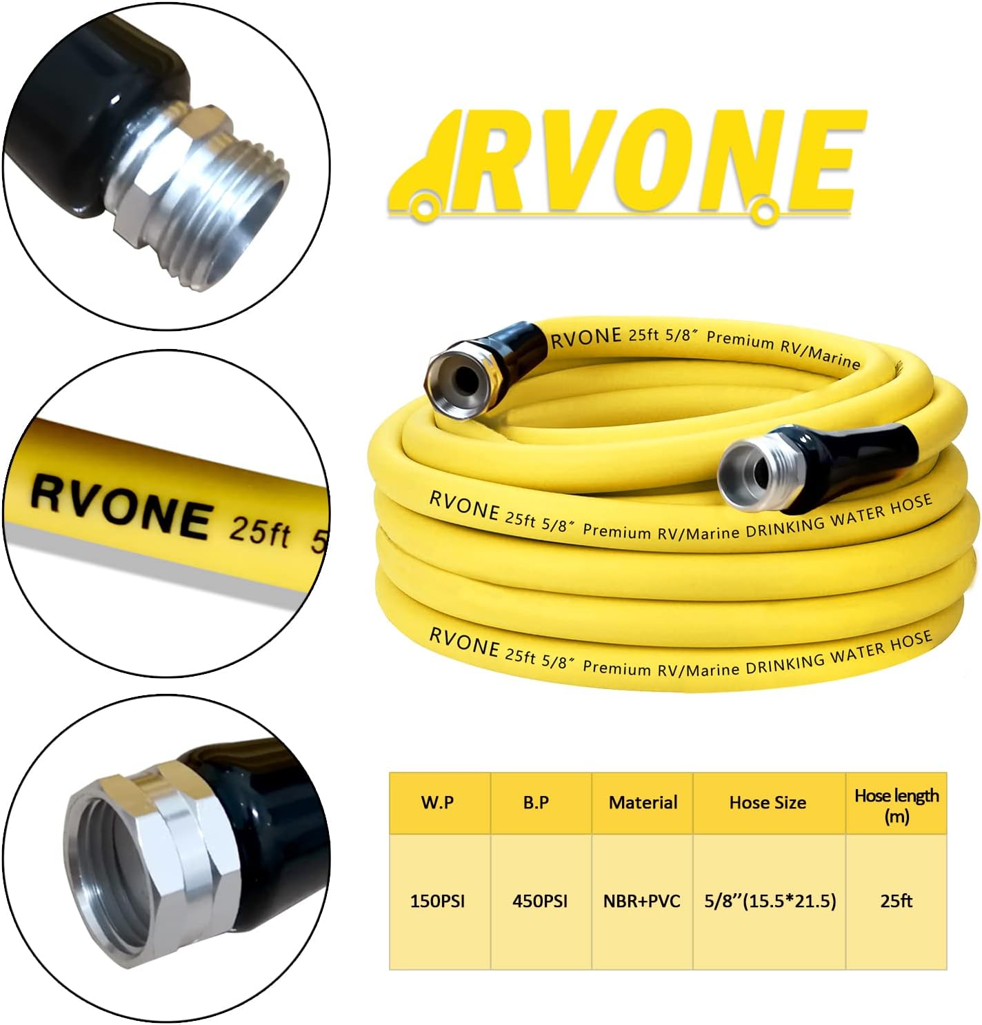 RVONE 25FT RV Water Hose, 5/8'' Premium Drinking Water Hose Leak Free, No Kink and Flexible Garden Hose for RV, Camper, Truck, Car