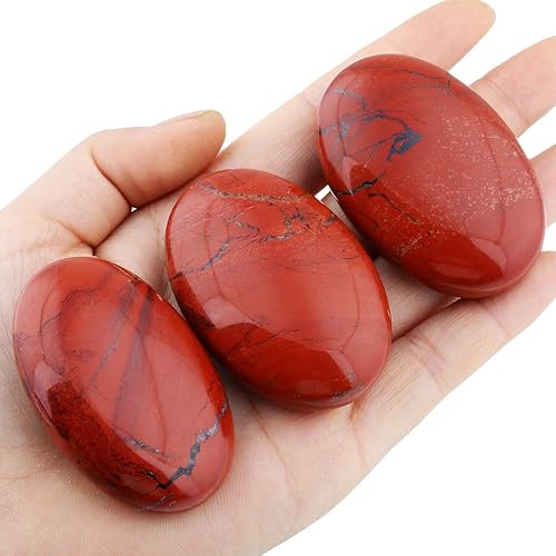 Miniatura 3 de mookaitedecor Jaspe rojo con bolsillo de piedra de palma, piedras de preocupación de terapia de cristal curativo con forma ovalada