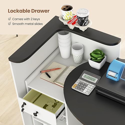 Miniatura 7 de Escritorio de recepción, escritorio de mostrador de 48 pulgadas con cajón bloqueable y estante de almacenamiento, mesa de recepción en forma de L,