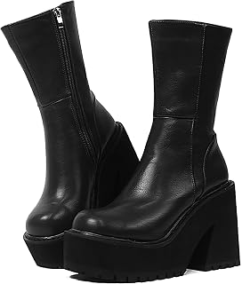 AMINUGAL Women's Chunky Wedge Platform Ankle Boots - Zipper Punk Motorcycle Booties, 4.3" Heel Mid-Calf Combat Boots