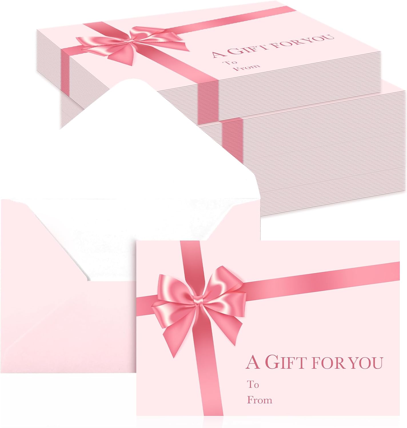 50枚 ピンクのリボンミニギフトカード封筒 蝶結びギフトカードホルダー 小さな招待状スリーブ 郵送カード用 2.8 x 3.9インチ