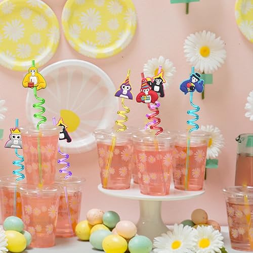 Miniatura 4 de 24 popotes de plástico reutilizables con temática de juego Gori-lla para fiestas de cumpleaños, con 2 cepillos de limpieza para fiestas temáticas de