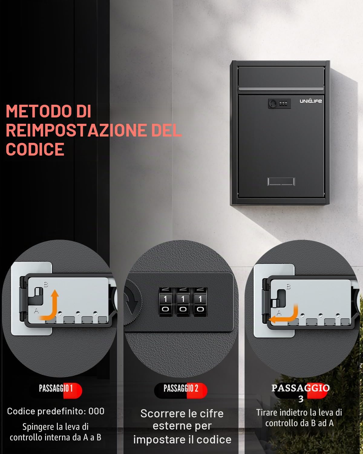 Uniclife - Cassetta postale a parete per esterni, grande cassetta postale con serratura a combinazione, cassetta postale di sicurezza per la casa, cassetta per la consegna sicura delle chiavi