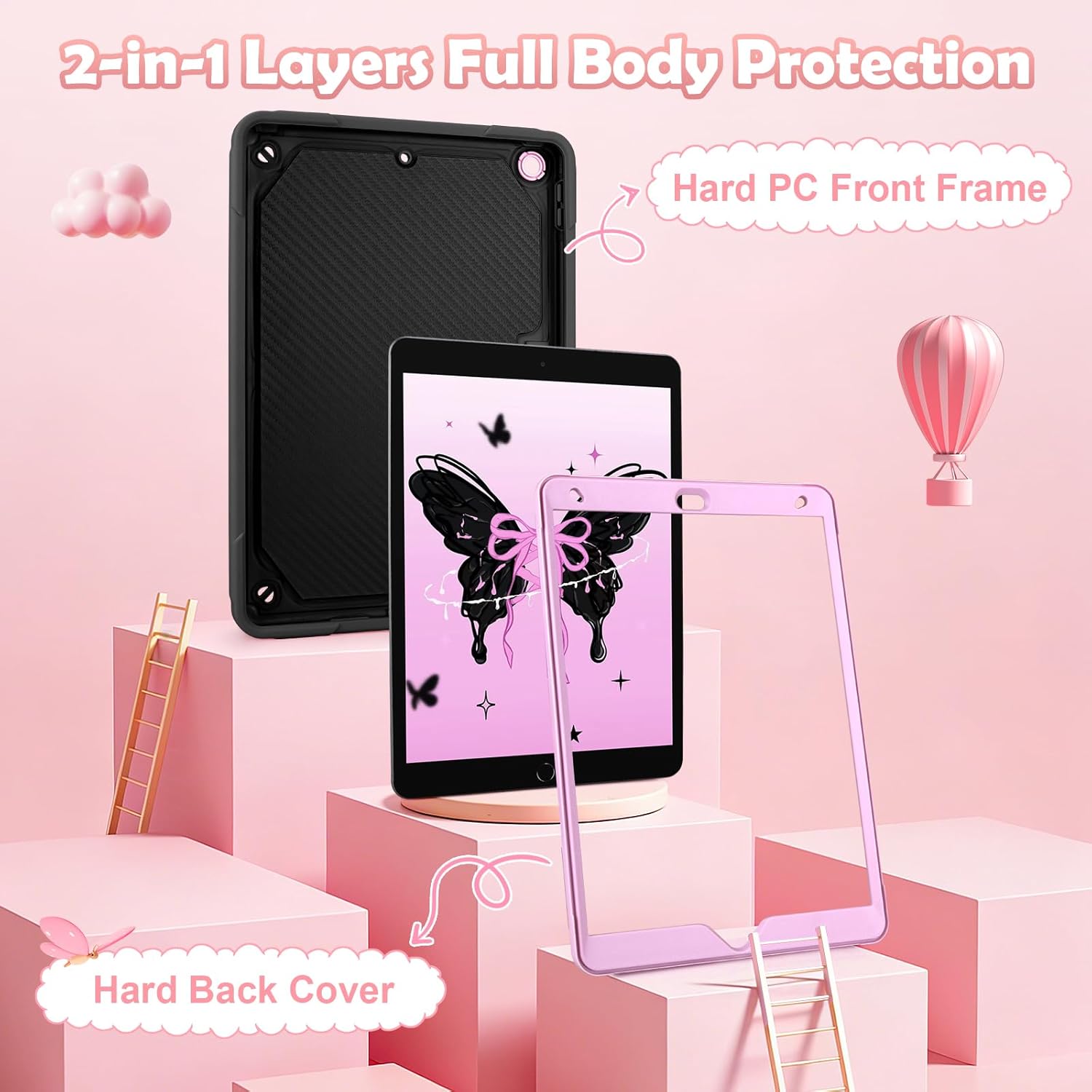 for iPad 9th Generation Case 8th Generation 7th Generation 2021 2020 2019 for Kids Girls W/Pencil Holder Shoulder Strap Black Pink Butterfly Protective 10.2 inch iPad Case 9th 8th 7th Gen Cover