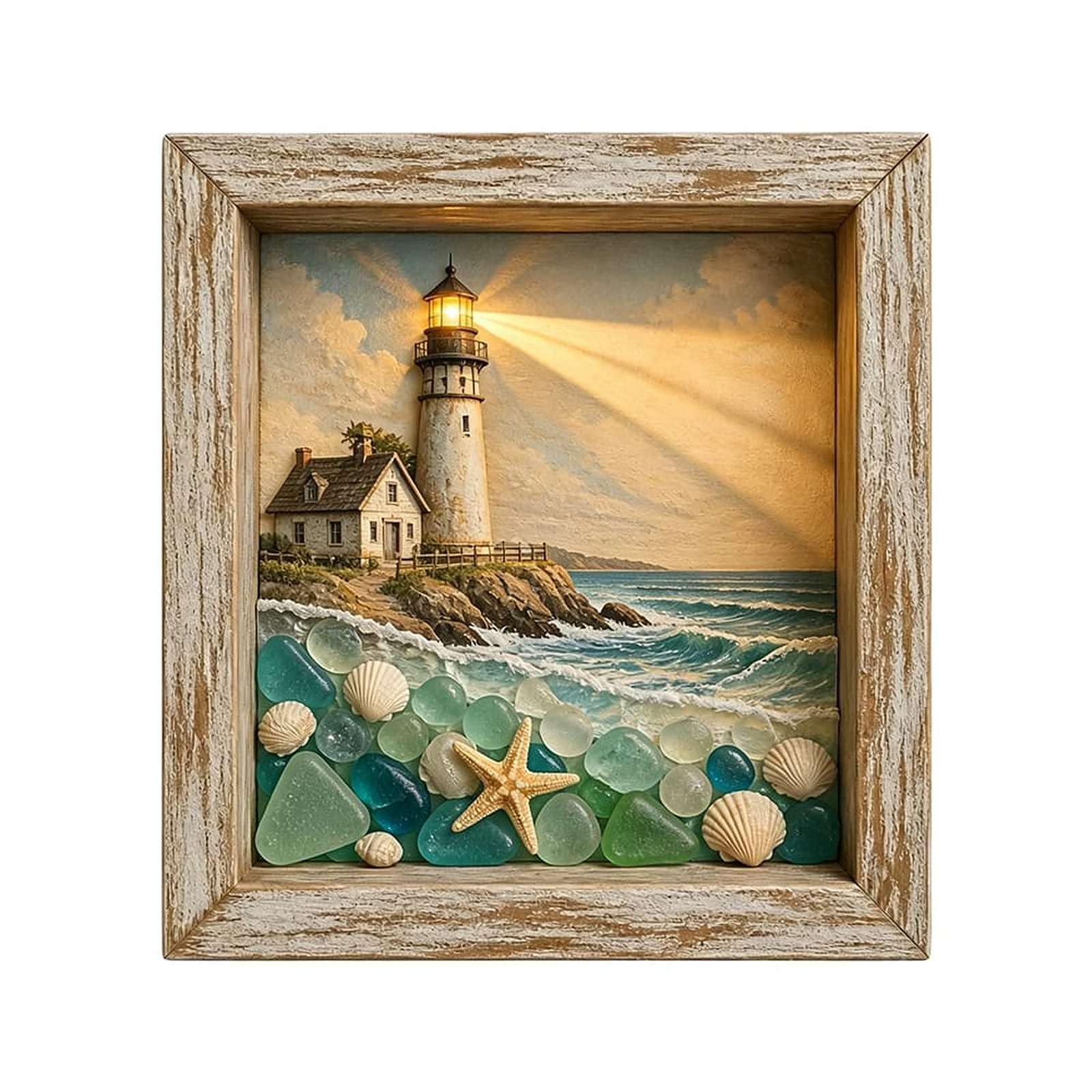 Coastal Lighthouse Sea Glass Night Light, Handmade Sea Glass Shadow Box with LED Warm Glow, Healing Seaside Bedroom Decor for Adults Starfish Shells Art Bedside Lamp Gifts (style B)